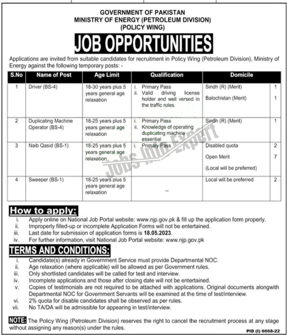 Ministry of Energy Petroleum Division 2023 Jobs