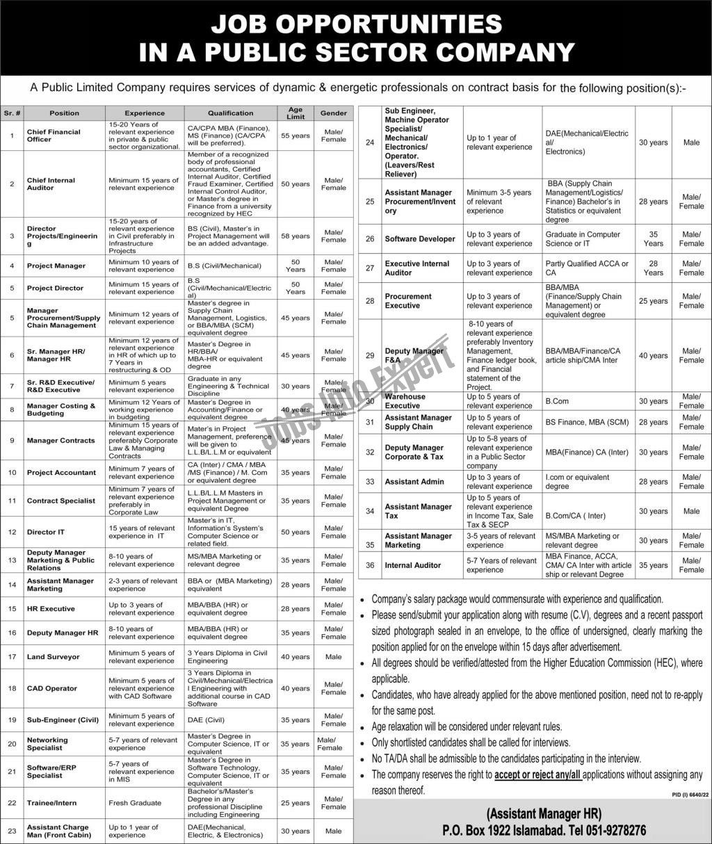 Public Sector Company PO Box 1922 Islamabad 2023 Jobs