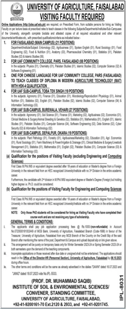 The University of Agriculture Faisalabad Jobs 2023 Advertisement