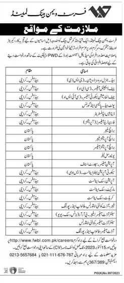 First Women Bank Limited FWBL Jobs 2023 Career Advertisement