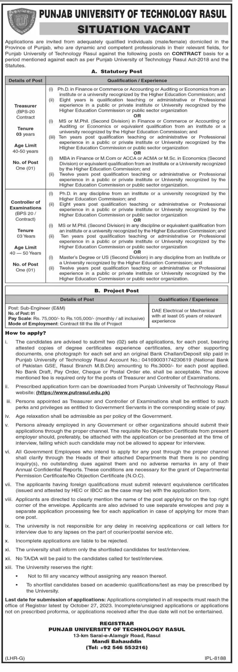 Punjab University of Technology Jobs 2023 Advertisement