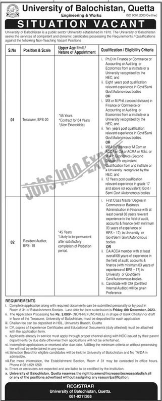 University of Balochistan jobs 2023 Advertisement